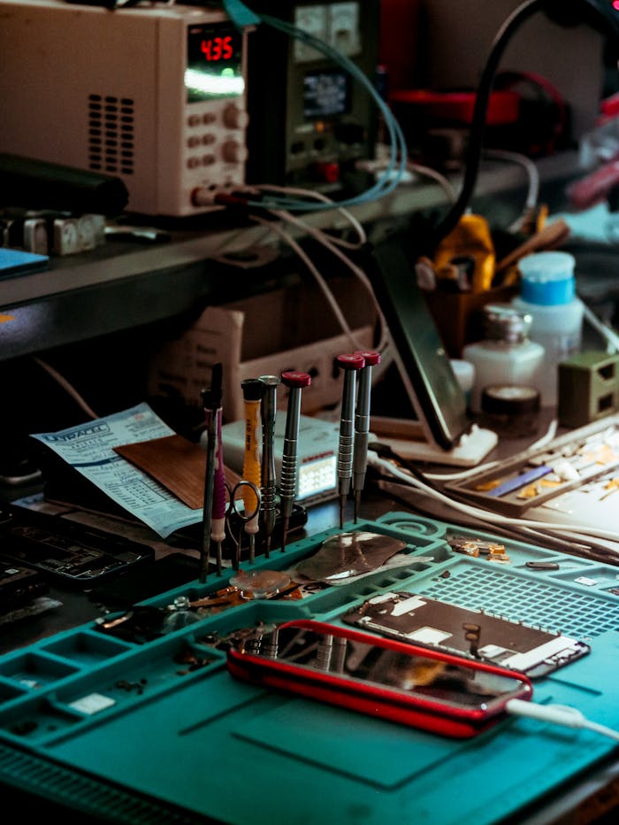 services-02 Detailed view of a tech repair workspace with tools and electronics parts.